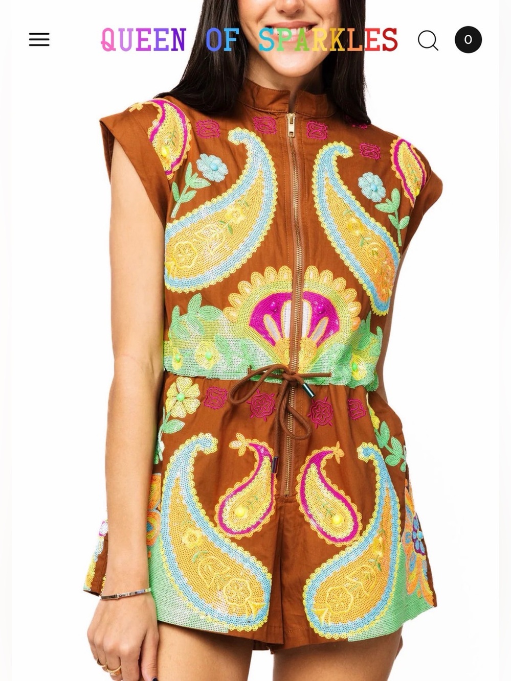 Queen of Sparkles Brown & Neon Paisley Zip Up Romper